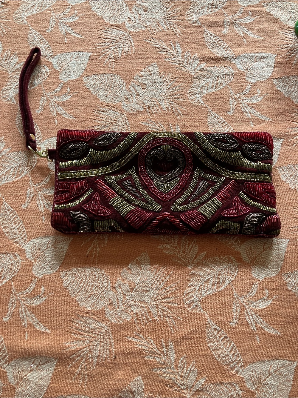 Chico's Beaded Wristlet Clutch in Burgundy and Gold